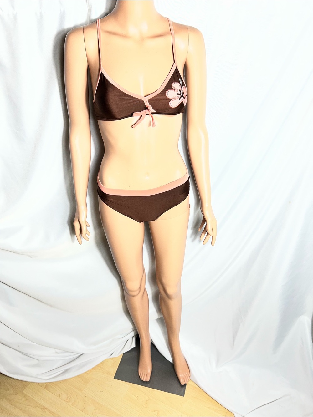 Green Dog Girls Brown Pink Floral 3 Piece Swim Set Bikini Size 12 NWT